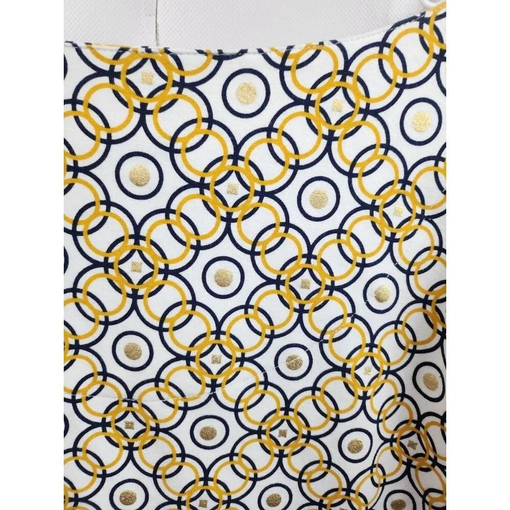 Lark Lane Yellow Blue Circle Print Qortek Button Tab Sleeve Blouse‎ Medium